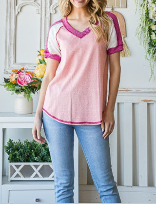 7th Ray Multi Fabric V Neck Top Vintage Blush Small
