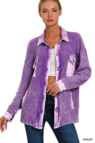 Zenana Cotton Waffle Acid Wash Shacket Violet