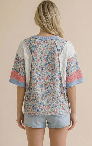 Haptics Short Sleeve Color Block Floral Knit Top Light Blue/Coral