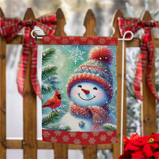Snowman With Cardinal Friend Garden Flag