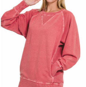 Zenana Pigment Dyed French Terry Pullover with Pockets Dark Red