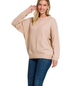 Zenana Melange Front Seam Round Neck Sweater Heather Beige