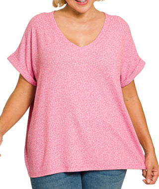 Zenana Soft Melange Hacci V-Neck Tee Candy Pink