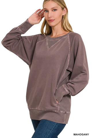Zenana Pigment Dyed French Terry Pullover with Pockets Mahogany
