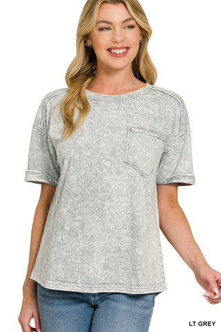 Zenana Halo Snow Washed Relaxed Fit Tee Lt Grey
