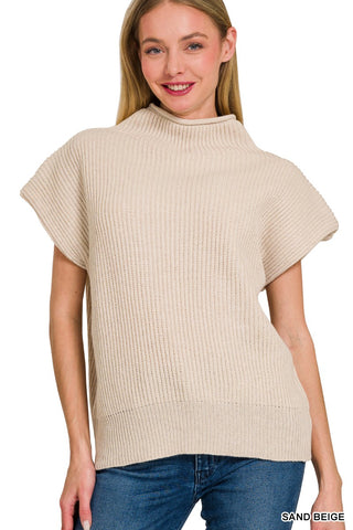 Zenana Power Shoulder Mock Neck Sweater Sand Beige