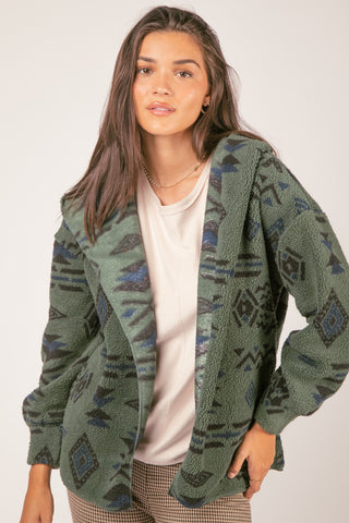 New In Aztec Tribal Print Hooded Oversized Fleece Jacket Green