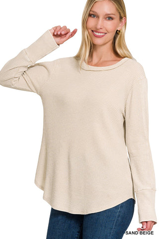 Zenana Washed Baby Waffle Long Sleeve Top Sand Beige