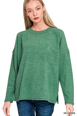 Zenana Ribbed Brushed Melange Hacci Sweater w Pocket Dk Green