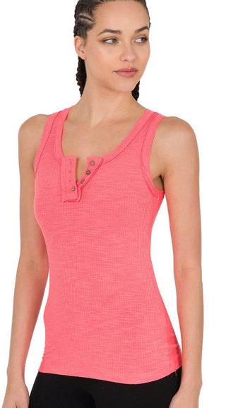 Zenana Ribbed Tank Top with Button Detail Desert Rose Medium
