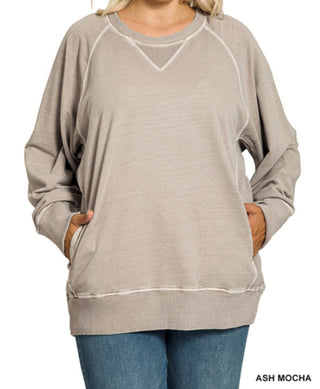 Zenana Pigment Dyed French Terry Pullover with Pockets Ash Mocha