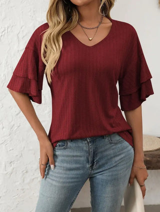 Lovesoft V-Neck Ruffle Sleeve Short Sleeve Top Burgundy