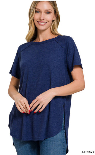 Zenana Melage Baby Waffle Short Sleeve Top Light Navy