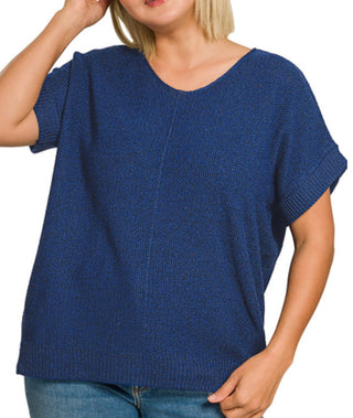 Zenana Center Seam Short Sleeve Sweater Light Navy