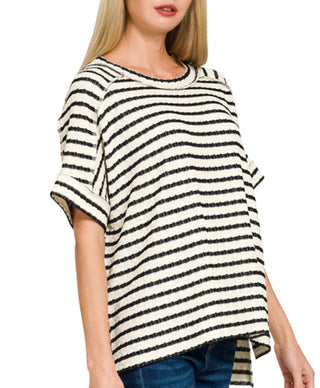 Zenana Striped Short Sleeve Hi-Low Tee Black