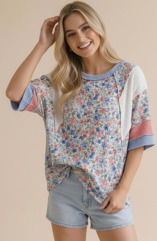 Haptics Short Sleeve Color Block Floral Knit Top Light Blue/Coral