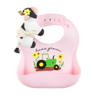 Mudpie Silicone Bib & Rattle Set Pink Farm