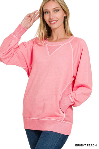 Zenana Pigment Dyed French Terry Pullover with Pockets Bright Peach
