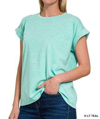 Zenana Cotton Folded Sleeve Heather Light Teal