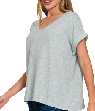 Zenana Soft Melange Hacci V-Neck Tee Blue Grey