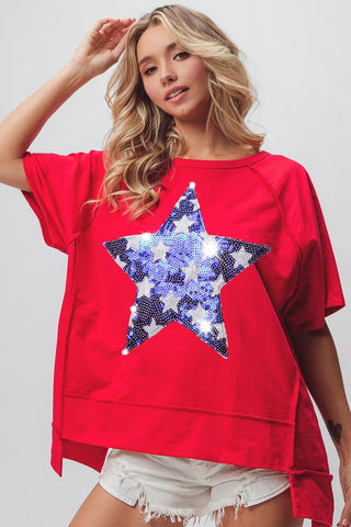 Bibi Star Sequins Out Stitching Uneven Hem Red