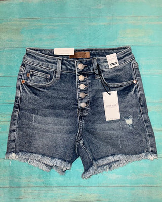 Judy Blue HW Button Fly Destroy Hi-Lo Cut Hem Shorts 150206