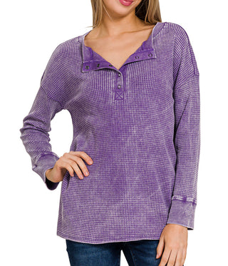 Zenana Acid Washed Waffle Henley Neckline Long Sleeve Top Violet