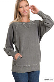 Zenana French Terry Pullover With Pockets Ash Black