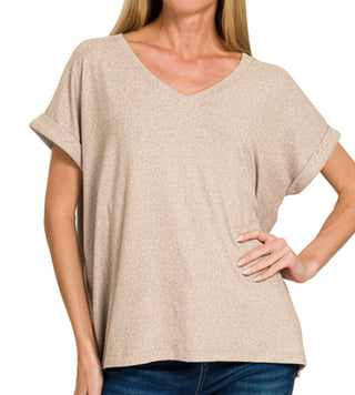 Zenana Soft Melange Hacci V-Neck Tee Ash Mocha
