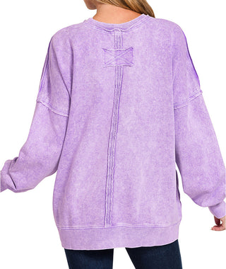 Zenana Halo Washed French Terry Exposed Seam Sweatshirt Violet
