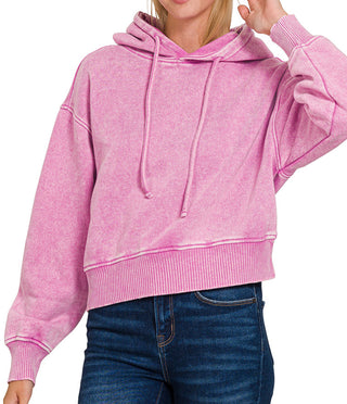 Zenana Acid Wash Fleece Cropped Hoodie Mauve