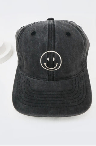 Love and Repeat Smile Face Embroidered Washed Baseball Cap Black