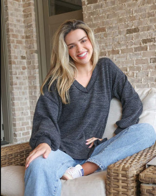 Simply Southern Long Sleeve V-Neck Knit Top Charcoal XL