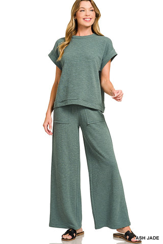 Zenana Cotton Slub Short Sleeve Tee & Long Pant Set Ash Jade
