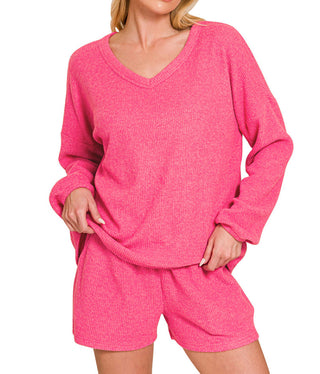 Zenana Ribbed Hacci V-Neck Long Sleeve Tee & Shorts Set Candy Pink