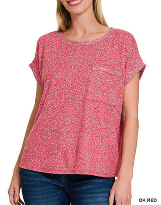 Zenana Melange Hacci Tee with Pocket Dark Red