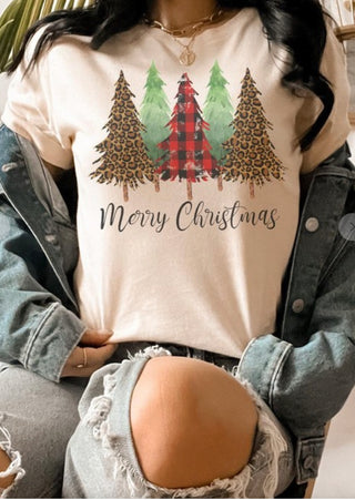 Kissed Apparel Leopard Plaid and Pine Merry Christmas Tree T-Shirt