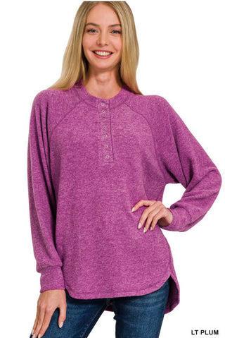 Zenana Brushed Hacci Oversized 7-Button Henley Sweater Light Plum