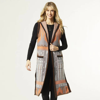 Coco & Carmen Ella Hooded Long Vest Brown and Orange