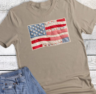 Rebel Rose July 4th Retro Faux Quilted American Flag Tee Tan