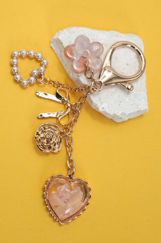Josslyn Pressed Flower Bow Pearl Heart Bag Charm Gold