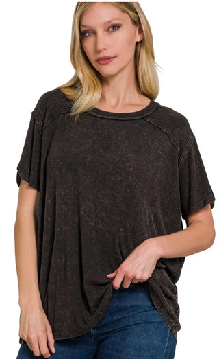 Zenana Washed Ribbed Boat-Neck Top Ash Black