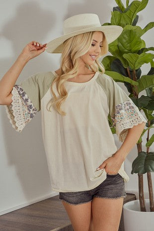 Bibi Color Block With Leopard Flower and Lace Short Sleeve
