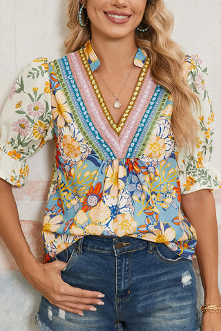 Lovesoft Multicolor Crochet V-Neck Half Sleeve Boho Floral Top
