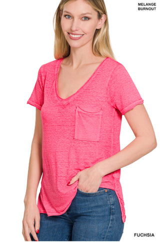 Zenana Washed Melange Burnout Scoop V-neck Top Fuchsia