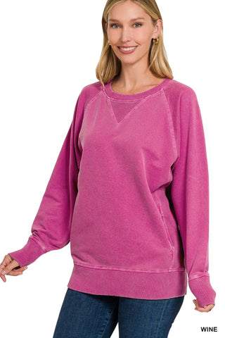Zenana Pigment Dyed French Terry Pullover with Pockets Wine