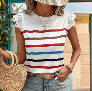 Lovesoft Striped Short Sleeve Tee with Lace Detailing White