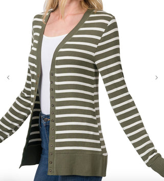 Zenana Striped Snap Button Cardigan Olive/Ivory
