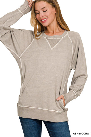 Zenana Pigment Dyed French Terry Pullover with Pockets Ash Mocha