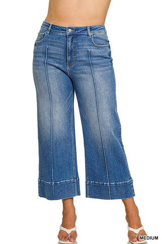 Zenana Wide Leg Cropped Pintuck Medium Wash Denim 9522MM